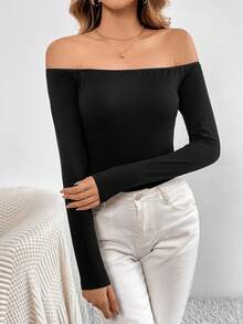 SHEIN Tall Women's Solid Off Shoulder Long Sleeve Bodysuit - Black - View 4
