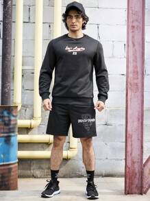 Manfinity Fitness 男士字母印花运动风格卫衣 男士卫衣 - 黑色 - 查看 3