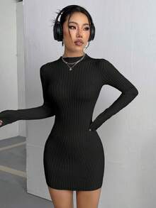 SHEIN Essnce Women's Plain Ribbed Knit Slim Fit Sweater Dress - Black - View 6
