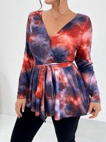 SHEIN Essnce Plus Size Tie-Dye Wrap Belt T-Shirt