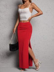 SHEIN PETITE Gonna Da Donna A Fessura Alta Plissettata Tinta Unita - Rosso - Visualizzare 3