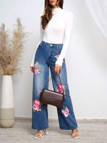 SHEIN Privé Women's Wide Leg Jeans With Flower Print