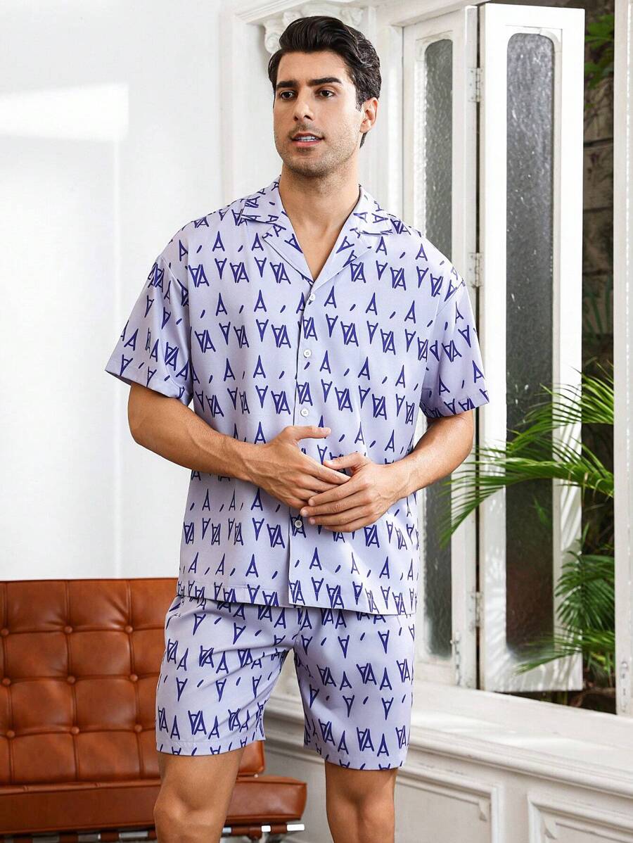 Men's Letter Printed Short Sleeve Homewear Set - Multicolor - View 1