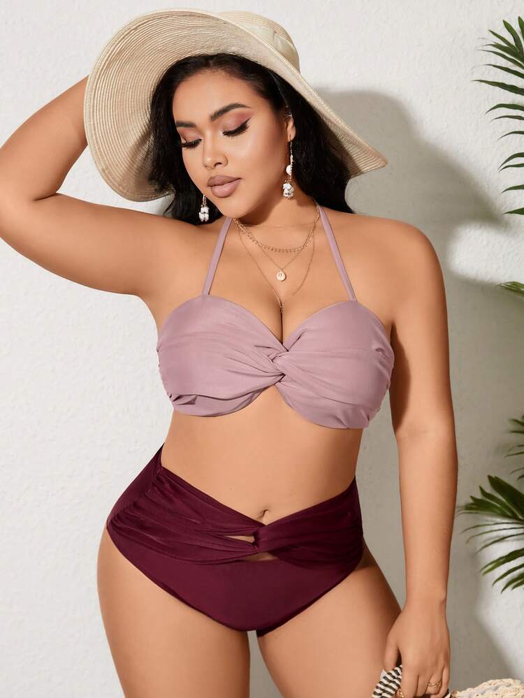 Plus Size Women's Colorblock Twist Front Halter Separated Bikini Set Valentine Summer Beach