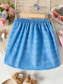 SHEIN Tween Girl's Butterfly Printed Denim Skirt, Summer Casual Style - Blue - View 2