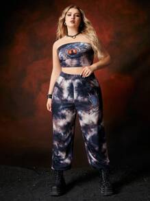 HOUSE OF THE DRAGON X SHEIN Plus Dragon Pattern Tie-Dye Print Two-Piece Set - Black - View 6