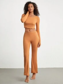Leisure Comfortable Rayon Solid Lettuce Thumb Hole Crop Top & Flare Leg Pants Women Lounge Set-Orange - Khaki - View 11