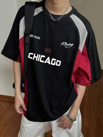 Manfinity Roghcode Loose Fit Men's Colorblock Raglan Sleeve Letter Graphic T-Shirt