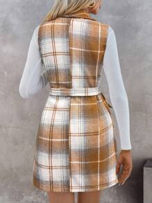 SHEIN Essnce 格子披肩領帶繫帶束腰連身裙 - 卡其色 - 查看 2