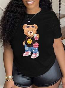 SHEIN Camiseta de manga corta con estampado de oso de dibujos animados, para mujer talla grande, camiseta gráfica, top de verano para mujer - Negro - Ver 1