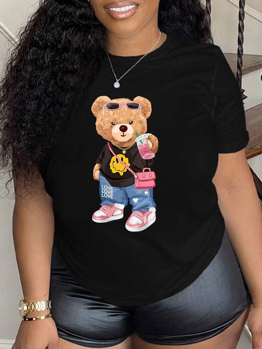 SHEIN Camiseta de manga corta con estampado de oso de dibujos animados, para mujer talla grande, camiseta gráfica, top de verano para mujer - Negro - Ver 1