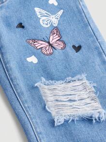 SHEIN Young Girl Elastic Waist Butterfly Pattern Ripped Jeans - Medium Wash - View 4