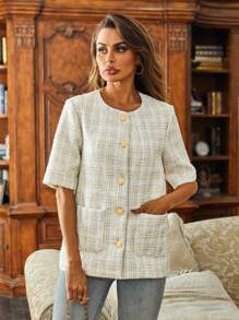 Aveloria Women's Plaid Button Front Double Pocket Coat - White - View 5