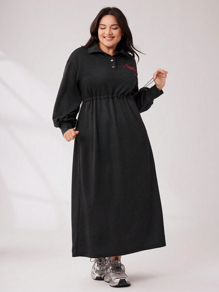 Plus Size Women's Letter Print Drawstring Waist Dress