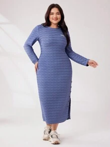 Mulvari Kích thước lớn Của phụ nữ Vá chữ cái Dệt kim Vòng cổ Tay áo dài Đầm - Màu xanh lam - Xem 3