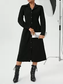 SHEIN Essnce Ladies Corduroy Button Front Dress - Black - View 3