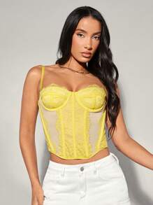 SHEIN BAE Women's Lace Spliced Mesh Corset Yellow Cami Top With Boning And Compression,For Spring,Summer - Yellow - View 5