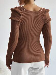 SHEIN Privé 女式珍珠裝飾泡泡袖方領毛衣 - 棕色 - 查看 2