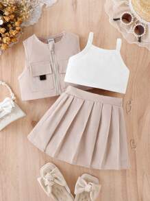 夏季寶寶女孩酷炫休閒風格3件套裝 - 杏色 - 查看 3