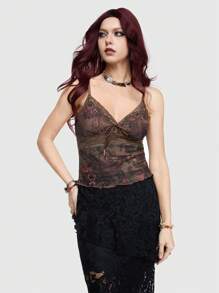 ROMWE Fairycore Women'S Patchwork Lace Trimmed Cami Top With Paisley Pattern And Tassel Detail