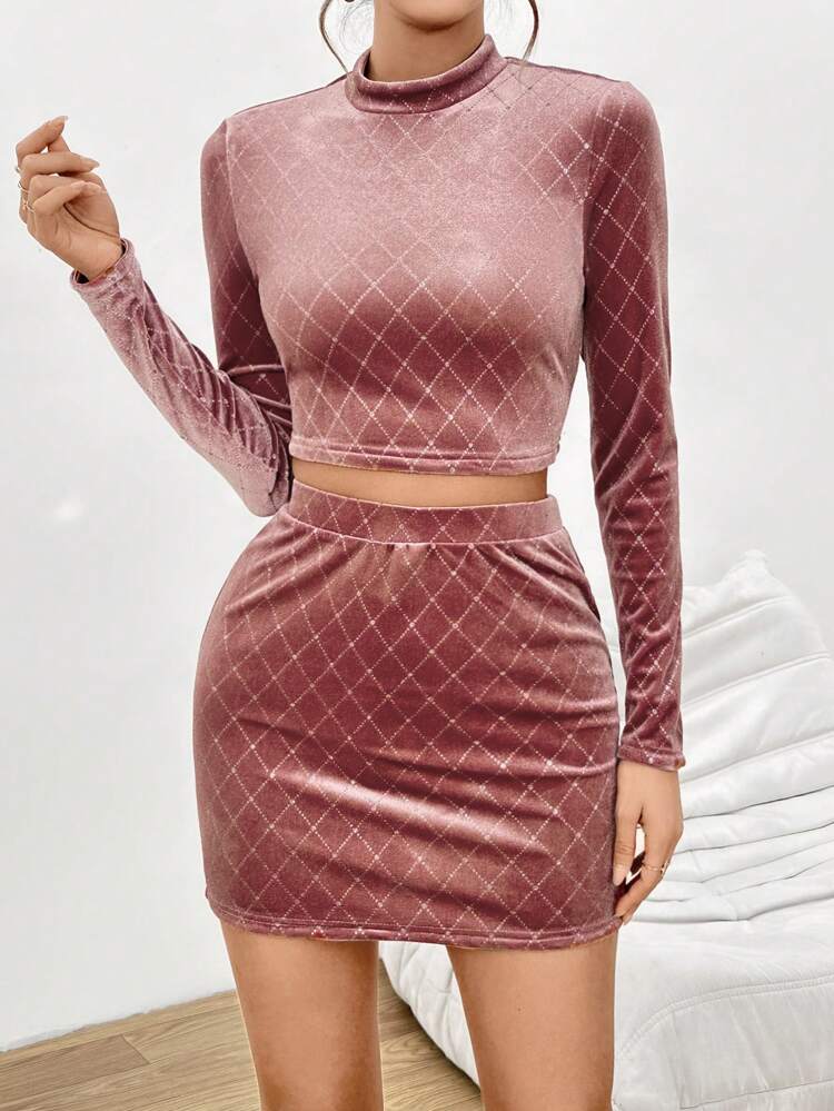 Women's Plaid Stand Collar Velvet Casual Suit