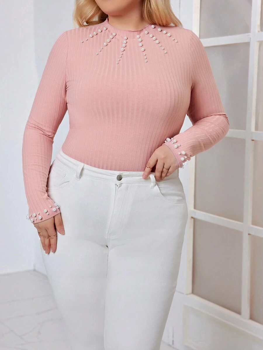 SHEIN Privé 大尺碼女士珠飾修身t恤 - 粉色 - 查看 1