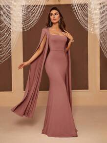 SHEIN Belle Brautjungfer-Kleid für Erwachsene mit weiten Ärmeln, quadratischem Ausschnitt, Taille und Fischschwanz, elegantes langes Ärmel Abendkleid für formelle Anlässe, Hochzeitsgast, Abschlussball, Dinner - Altrosa - Übersicht 6