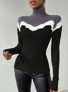 SHEIN Essnce 女款修身高領拼色毛衣 - 灰色 - 查看 3