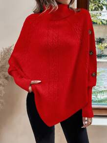 SHEIN Essnce 女款連結裝飾高領蝙蝠袖休閒毛衣 - 紅色 - 查看 3