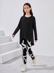 Tween 女孩寬鬆幾何圖案設計前短後長 T 恤和緊身褲套裝 - 黑色 - 查看 6