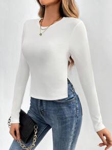 SHEIN Tall 女式側開衩純色圓領長袖t卹 - 白色 - 查看 1