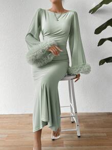 RosyDaze Trumpet Sleeve Lace Trim Mermaid Dress Maxi Women Outfit Fall Cloth For Women - Mint Green - View 3