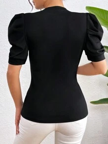 SHEIN Clasi 心型鏤空珍珠鉚釘泡泡袖t卹 - 黑色 - 查看 2