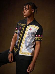 HOUSE OF THE DRAGON X SHEIN Camisa Impresa Para Hombre Con Patrón De Dragón Y Bloqueo De Color