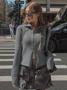 DAZY Women's Collared Zip-Up Cardigan,Long Sleeve Tops,Fall Women Clothes Jacket - Grey - View 8