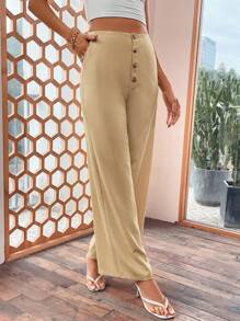 SHEIN LUNE Women's Button-Front Suit Pants - Khaki - View 4