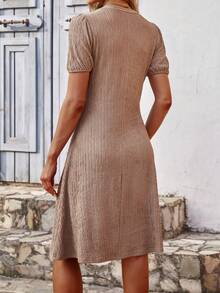 SHEIN LUNE Solid Color Hollow Out Short Sleeve Dress - Apricot - View 2