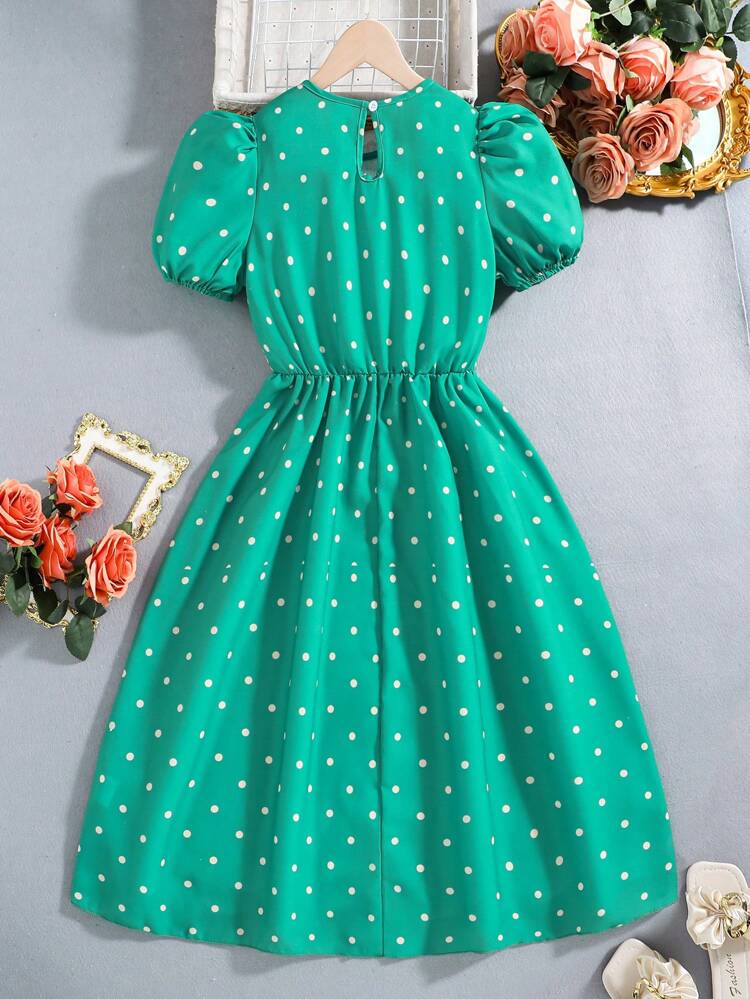 Tween Girls Polka Dot And Baroque Printed Puff Sleeve Bubble Dress