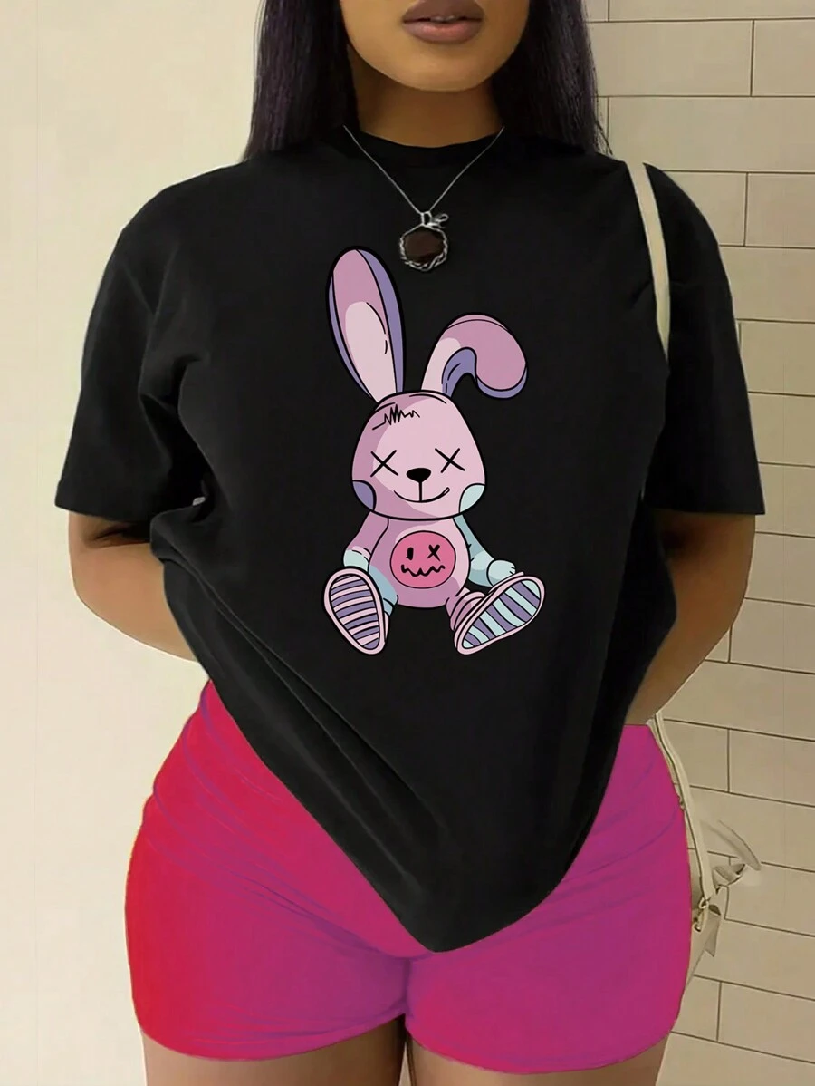 SHEIN 女式卡通兔子印花短袖 T 恤图案 T 恤女式上衣 - 黑色 - 查看 1