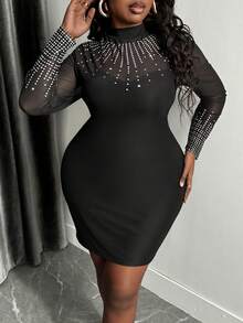 Slaydiva Plus Size Women's Mesh Splicing Rhinestone Embellished Bodycon Dress - Black - View 2