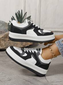 女士時尚圓頭綁帶黑白色塊平底運動鞋,校園風格休閒運動鞋 - 彩色 - 查看 3