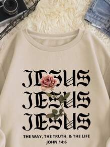 SHEIN LUNE Plus Size Thermal Lined Drop Shoulder Sweatshirt With Slogan Print - Apricot - View 6