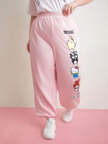 HELLO KITTY AND FRIENDS | SHEIN Plus Cartoon Print Elastic Waist Joggers - Pink - View 4