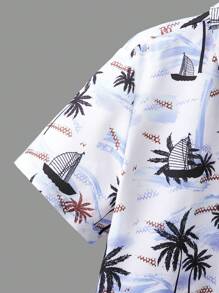 SHEIN 適合青少年男孩的舒適休閒棕櫚樹印花短袖衫和短褲套裝,適合夏季穿著 - 藏蓝色 - 查看 3