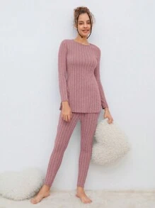 SHEIN 少女毛茸茸紋織邊側分裂t恤和緊身褲睡衣套裝 - 藕粉色 - 查看 4