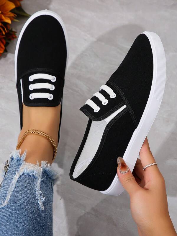 Black Leisure Style Round Toe Contrast Panel Women's Casual Sneakers, For Spring/Autumn