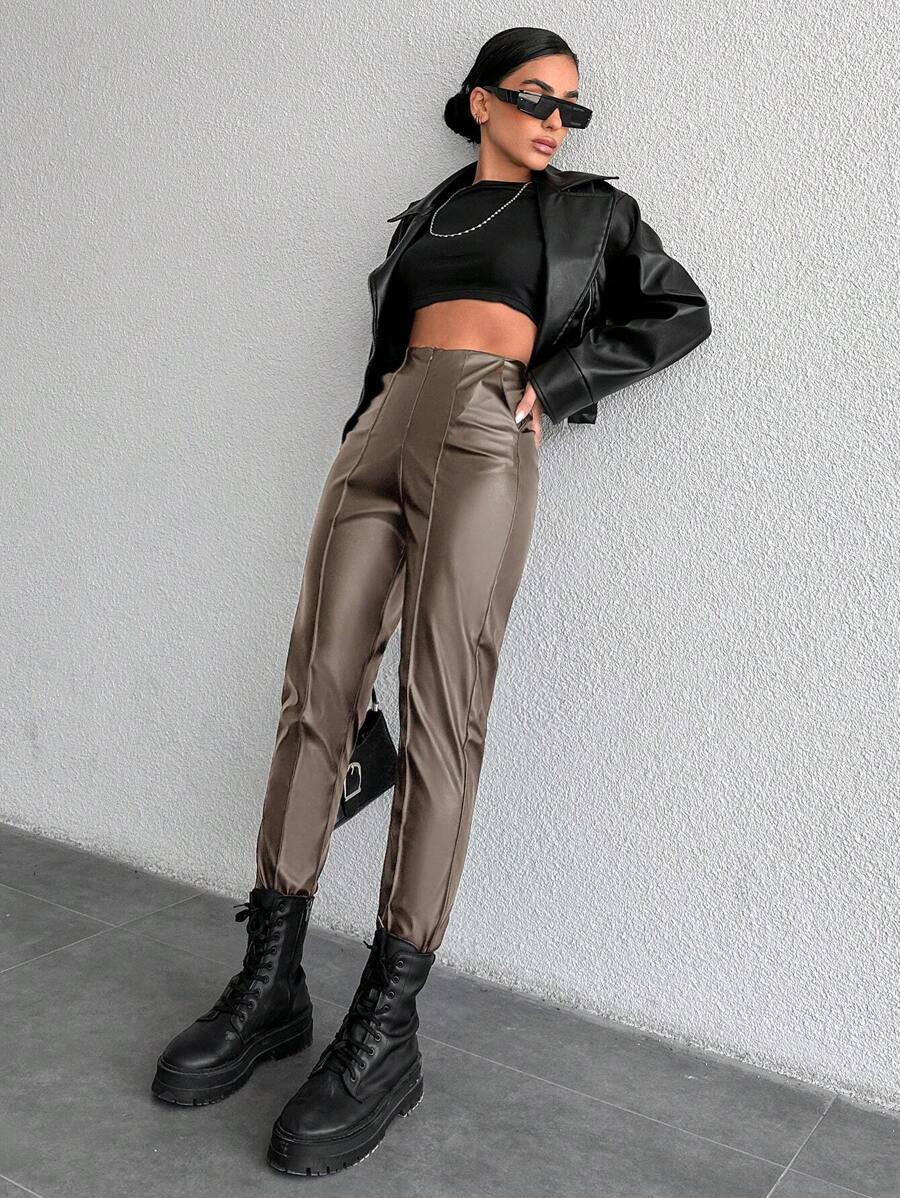 SHEIN Cottnline Women's Solid Color Pants - Brown - View 1