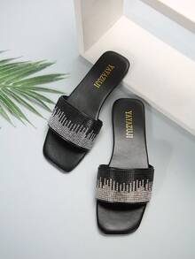 Flat-Toe Slide Sandals With Black Rhinestone Detailing For Women - Black - View 6