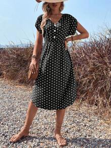 Breezaya 女士波点长袖V领前开襟纽扣连衣裙，新月形下摆，收腰设计 - 黑色 - 查看 6