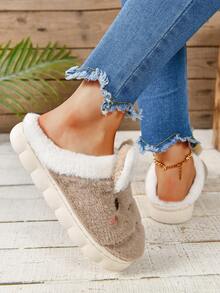 女士卡通刺繡絨布家居拖鞋 - 卡其色 - 查看 4